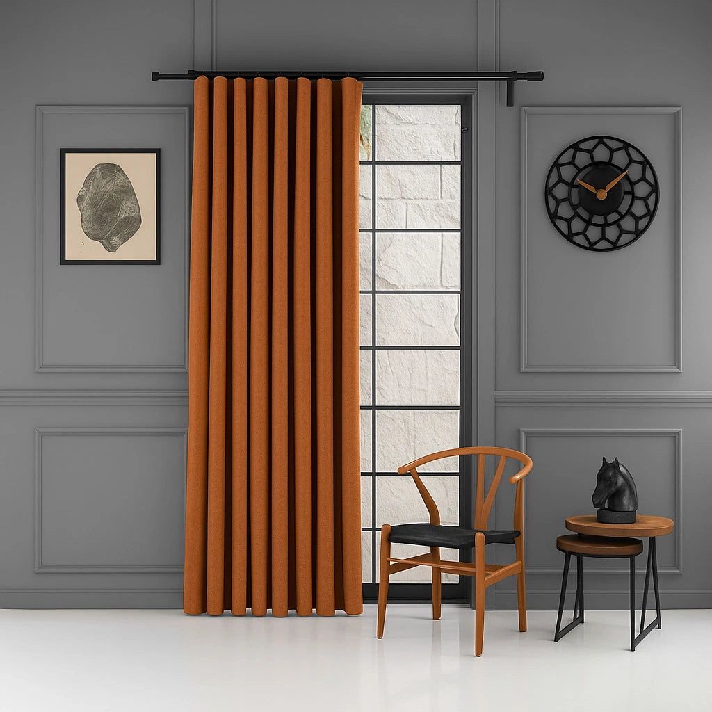 100% blackout pleated linen curtain panels caramel orange