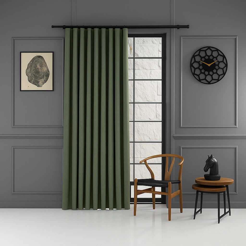 100% blackout pleated linen curtain panels olive green