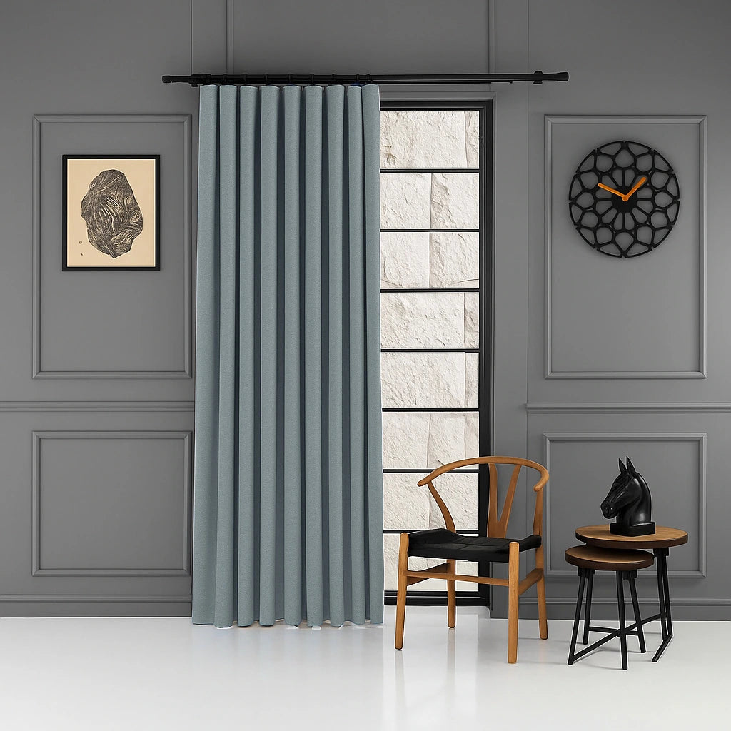 100% blackout pleated linen curtain panels glazed blue