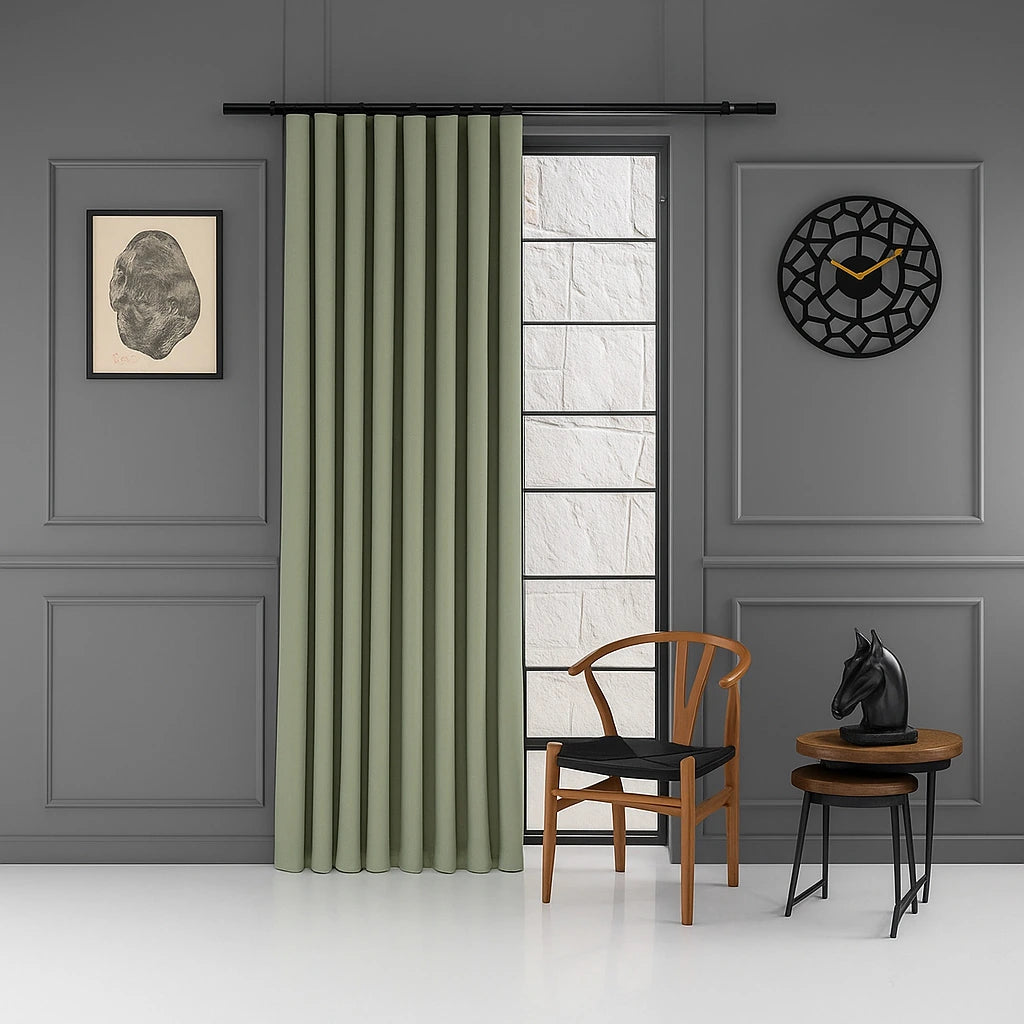 100% blackout pleated linen curtain panels matcha green