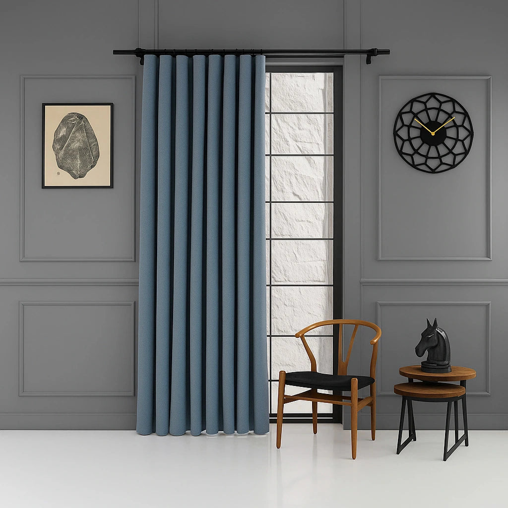 100% blackout pleated linen curtain panels moonwalk blue