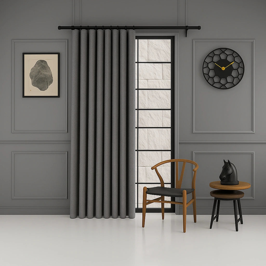 100% blackout pleated linen curtain panels urban grey