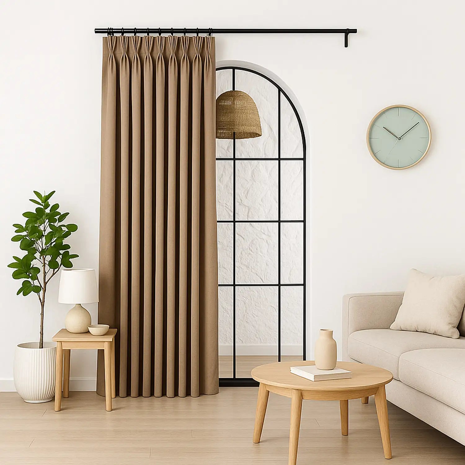 100% Blackout Triple Pinch Pleated Linen Curtains Caramel Latte