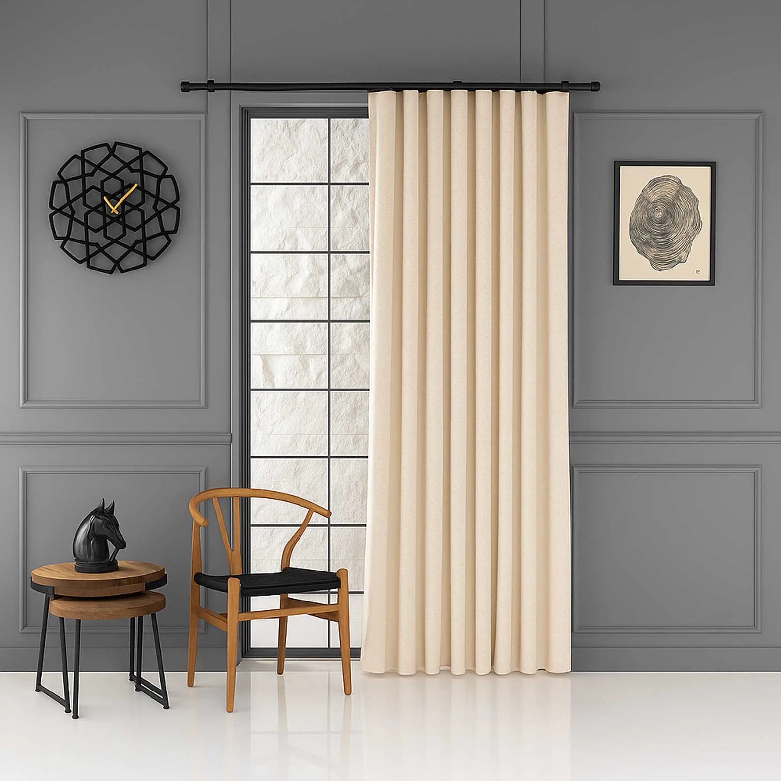 Full view of the curtain panels in a room setting of 100% Blackout Pleated Linen Curtain Panels in Cream White.